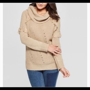 Tan Chunky Knit Western Fringe Cowl Neck Sweater